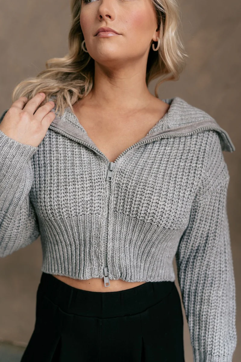 Kennedy Grey Knit Zip-Up Long Sleeve Sweater - Image 5