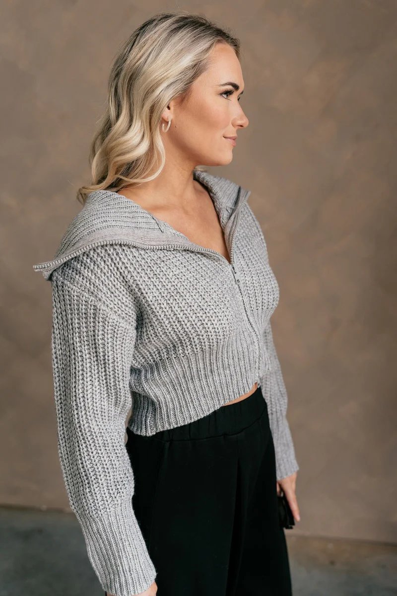 Kennedy Grey Knit Zip-Up Long Sleeve Sweater - Image 6