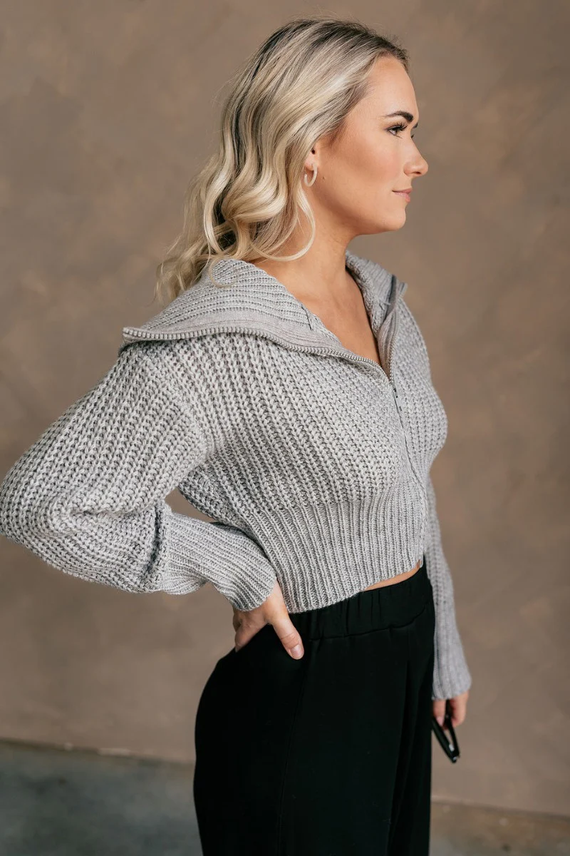 Kennedy Grey Knit Zip-Up Long Sleeve Sweater - Image 7