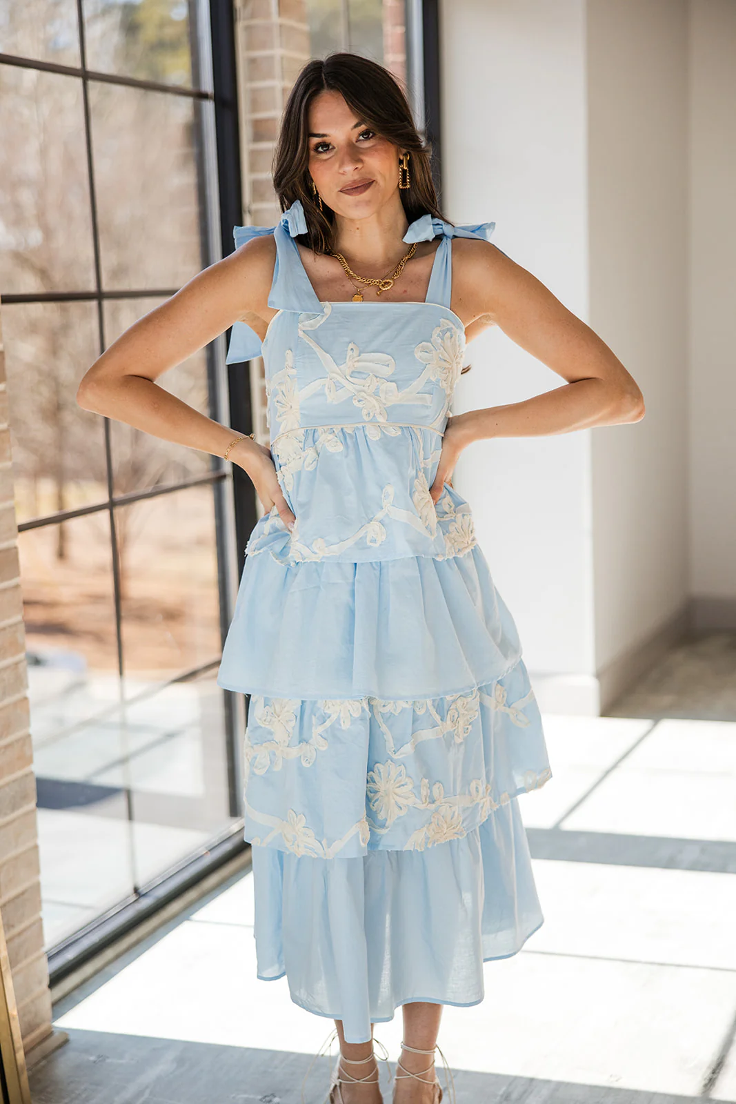 Kennedy Light Blue & Cream Floral Tiered Midi Dress - Image 7