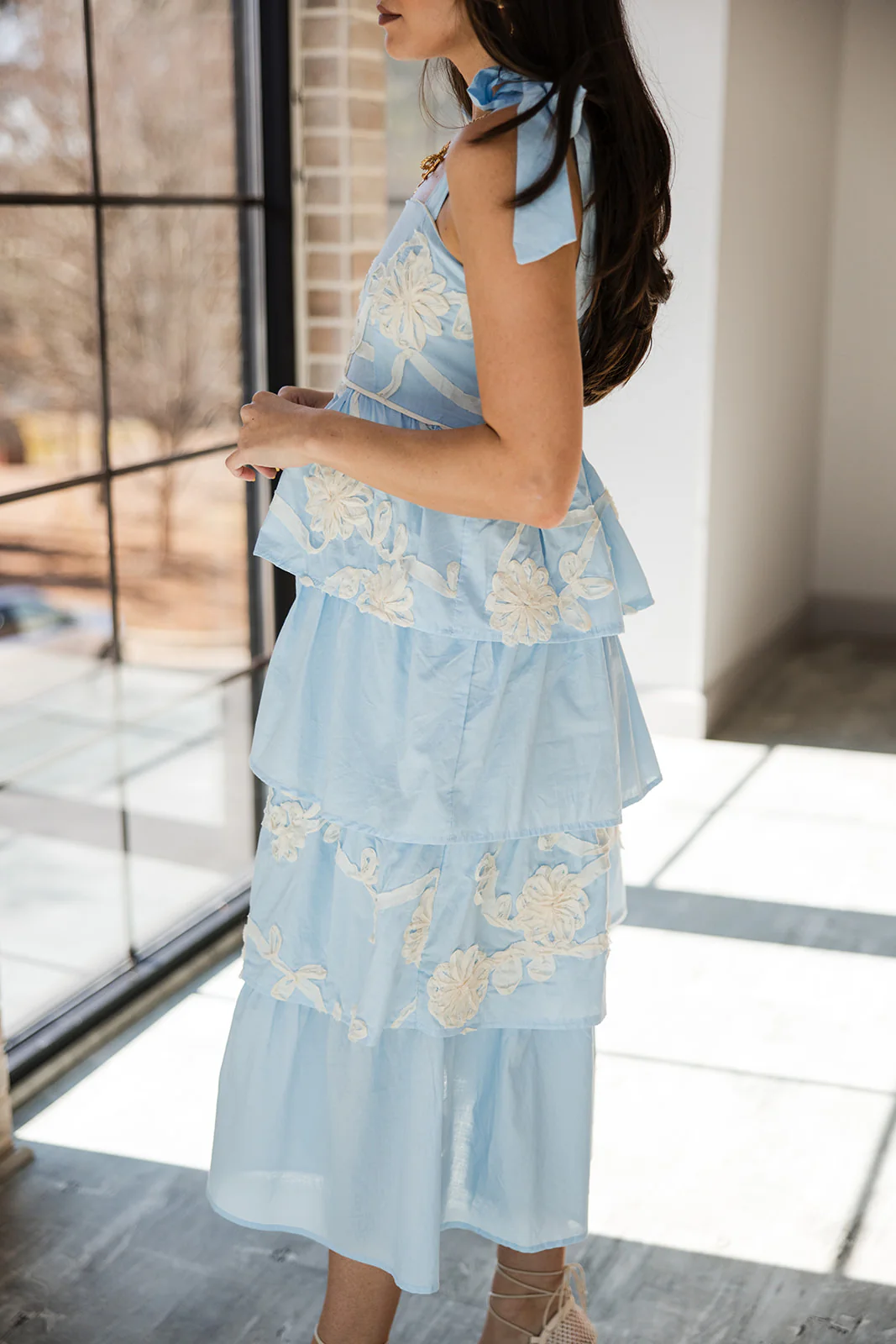 Kennedy Light Blue & Cream Floral Tiered Midi Dress - Image 9