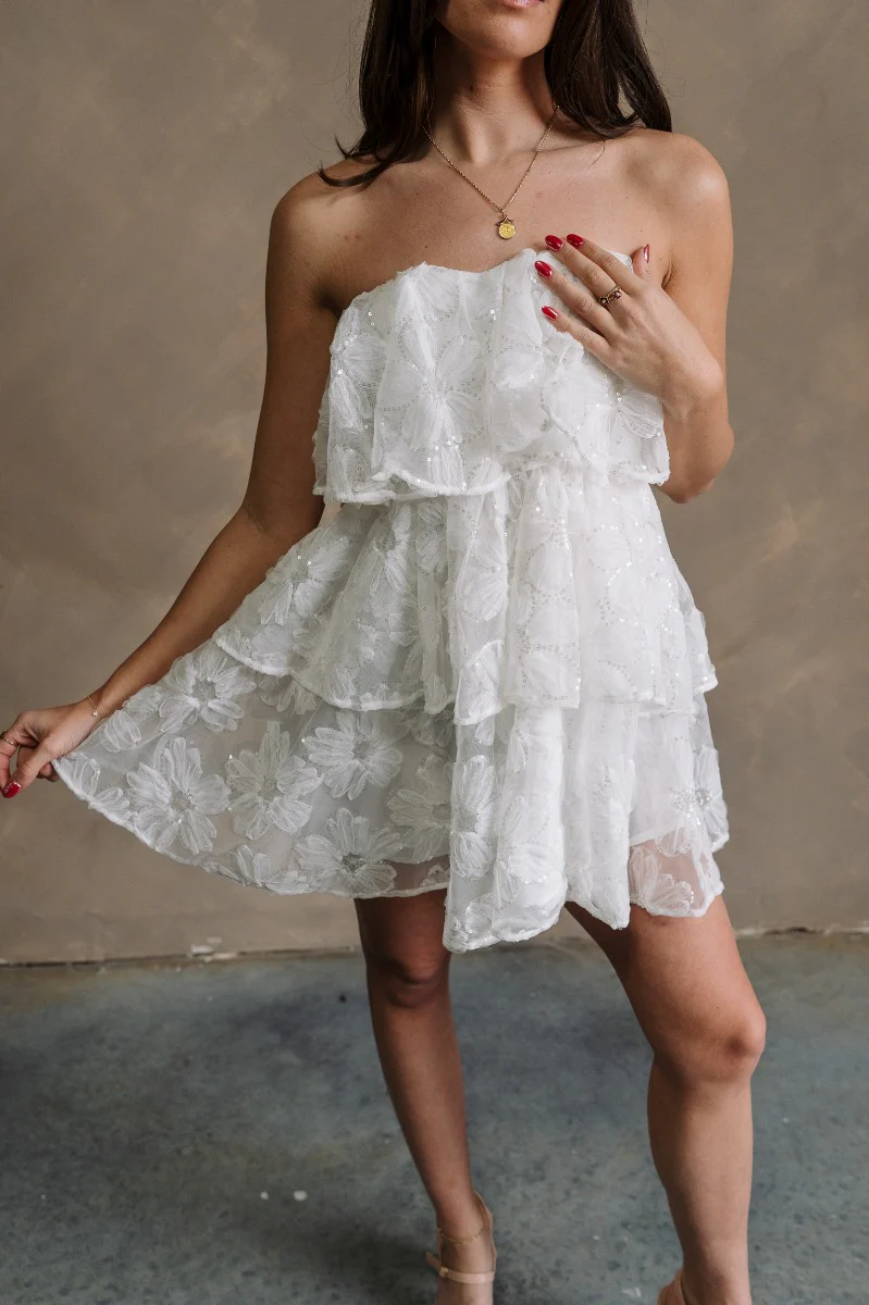 Kensley White Floral & Sequin Strapless Mini Dress - Image 3