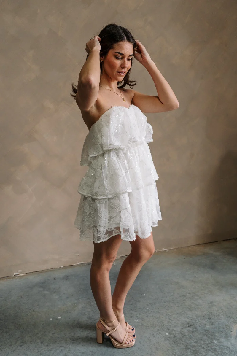 Kensley White Floral & Sequin Strapless Mini Dress - Image 5