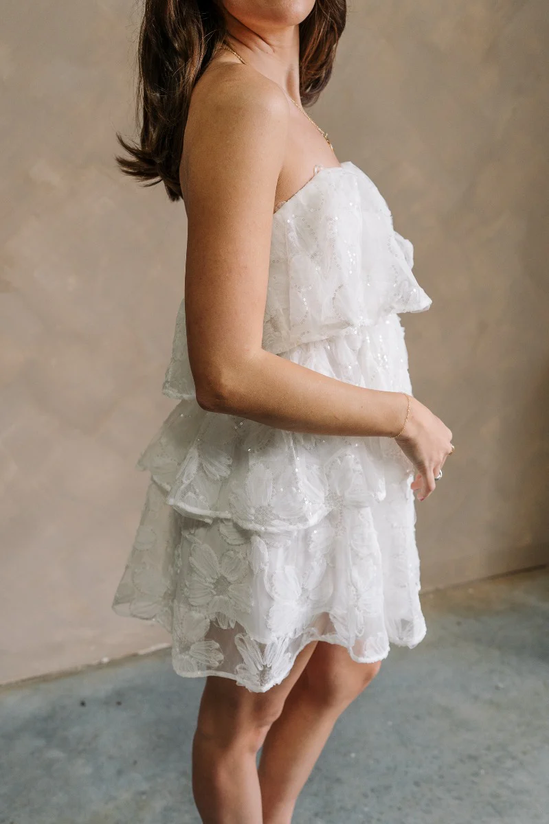 Kensley White Floral & Sequin Strapless Mini Dress - Image 6