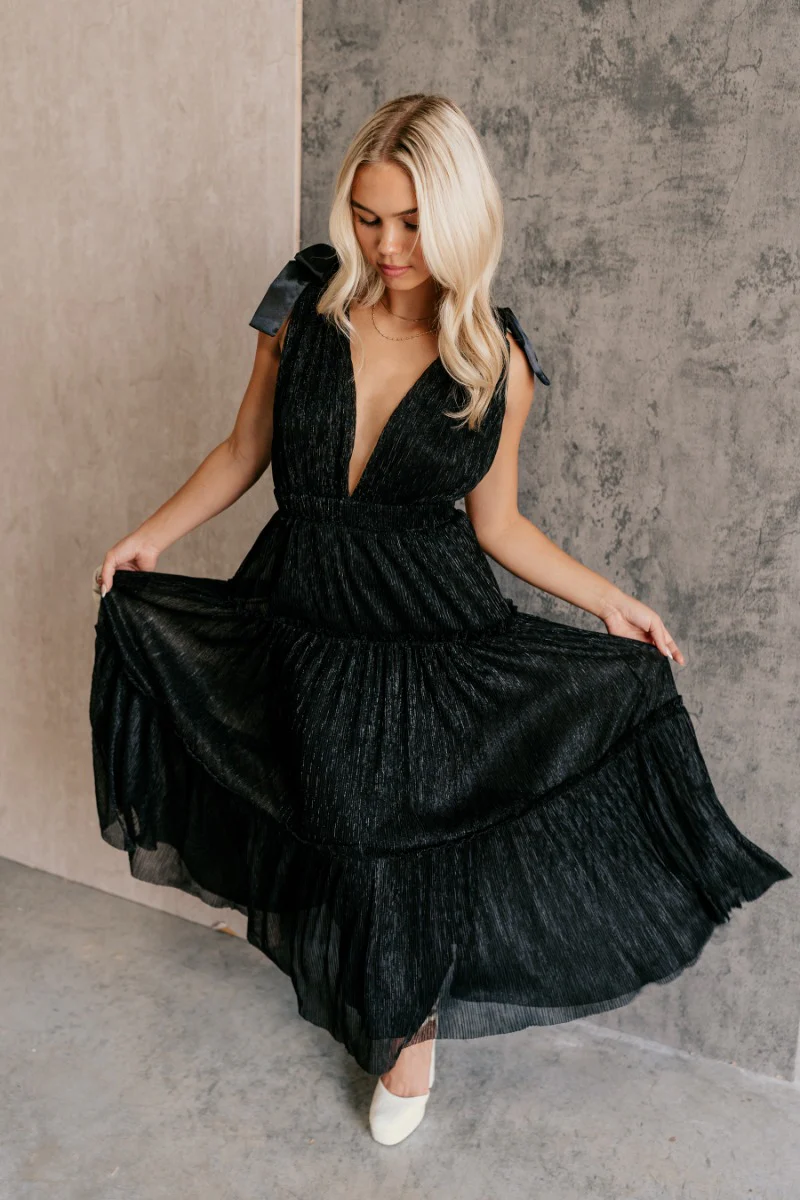 Khloe Black Shimmer Tiered Midi Dress - Image 4