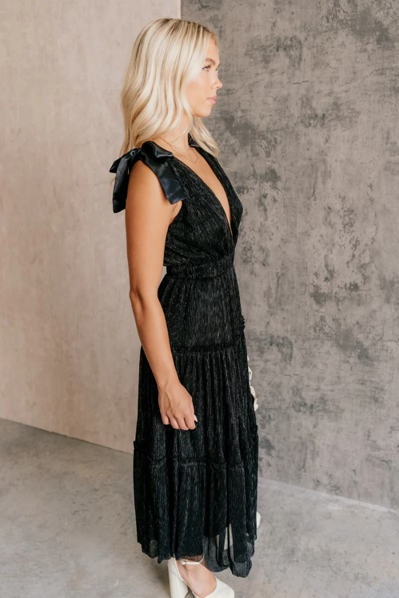 Khloe Black Shimmer Tiered Midi Dress - Image 6