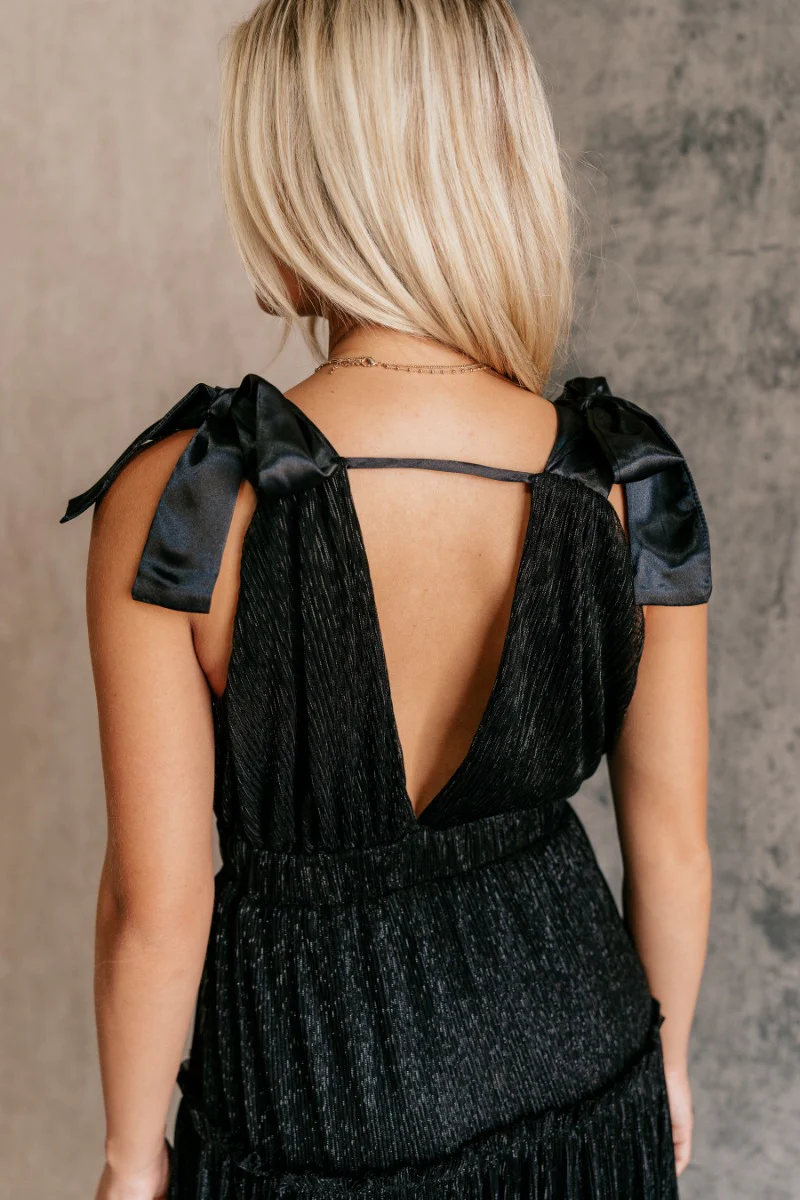 Khloe Black Shimmer Tiered Midi Dress - Image 9
