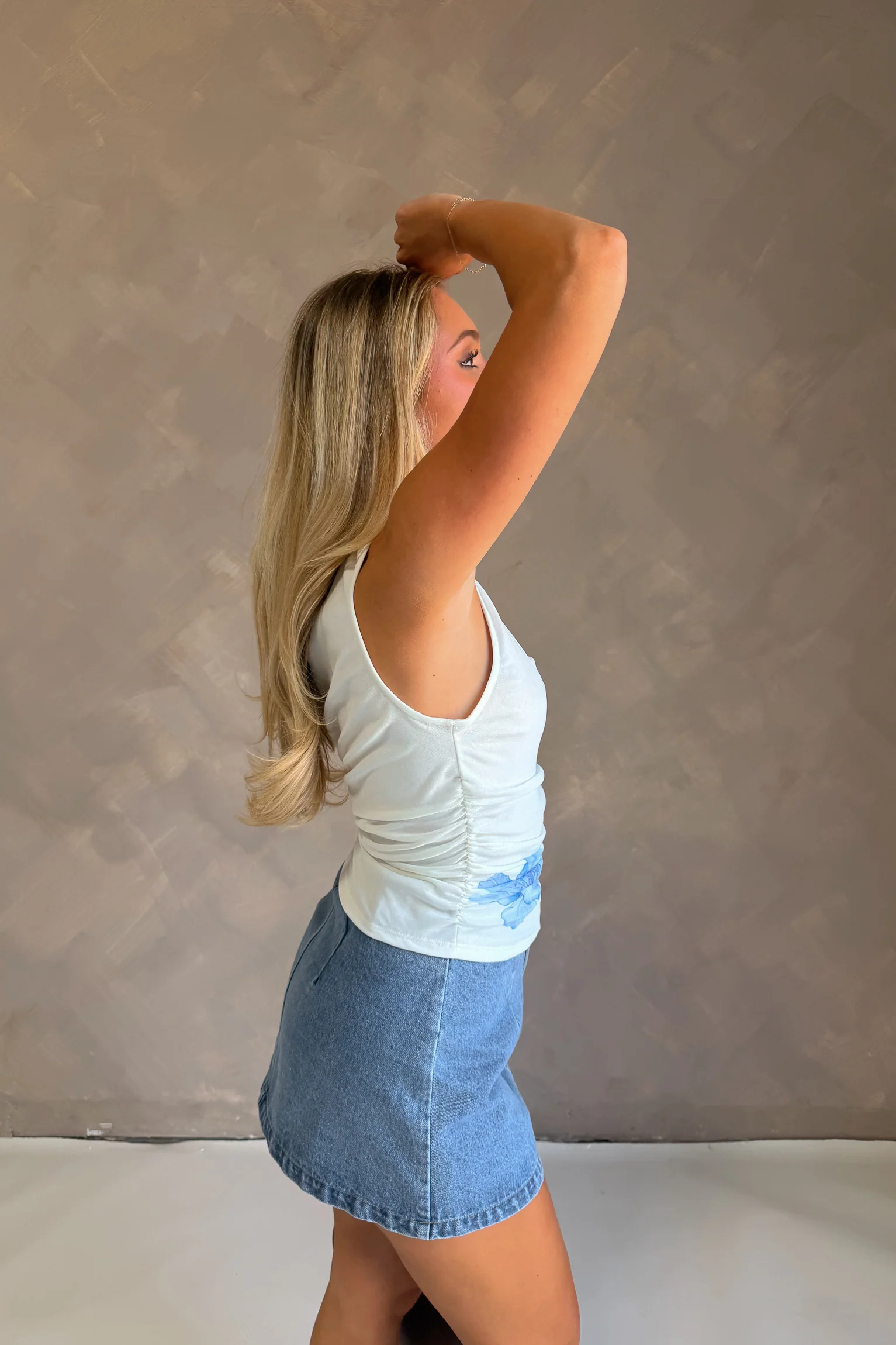 Khloe White & Blue Floral Ruched Tank - Image 6