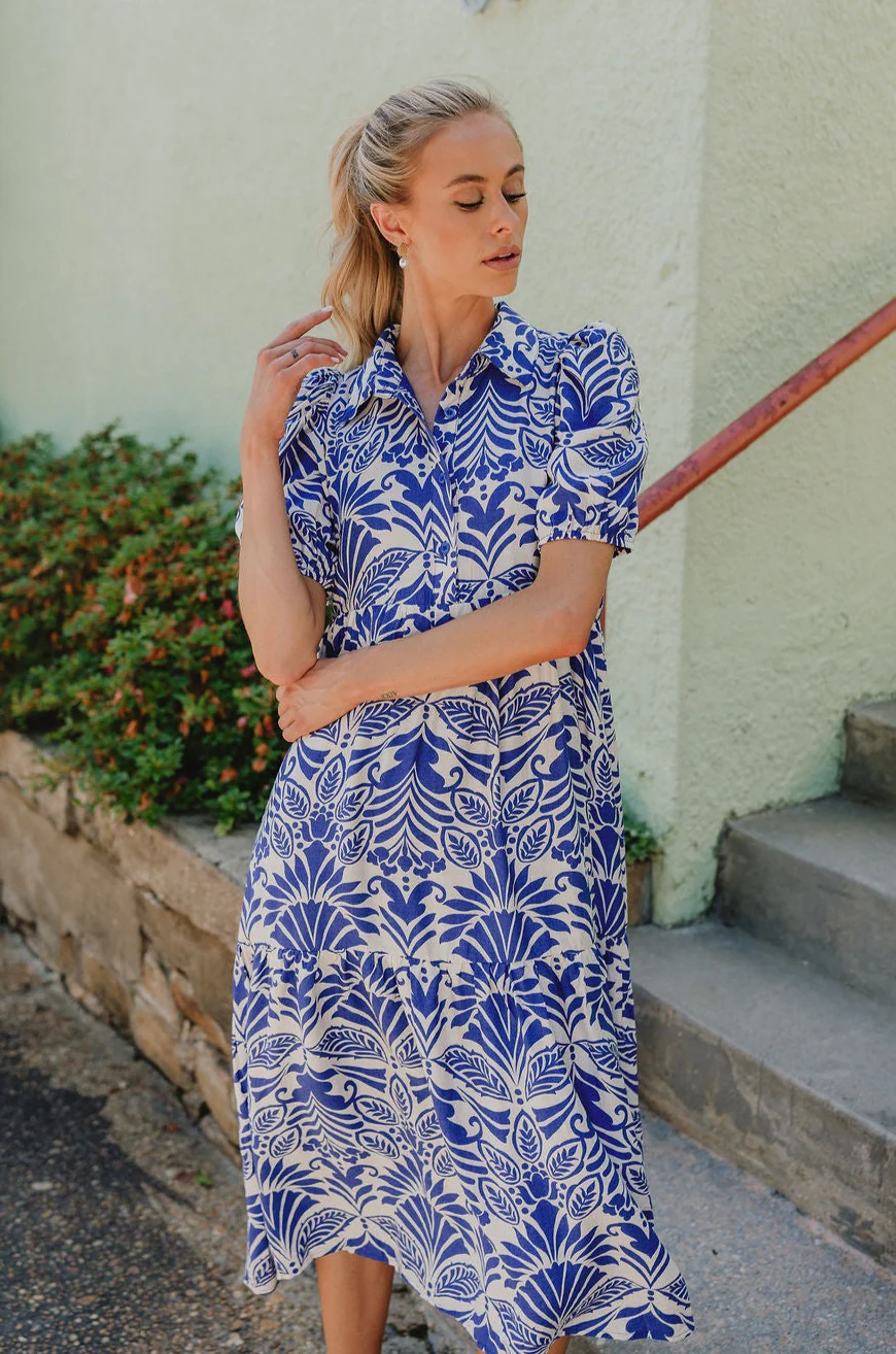 Kiara Blue and White Pattern Midi Dress