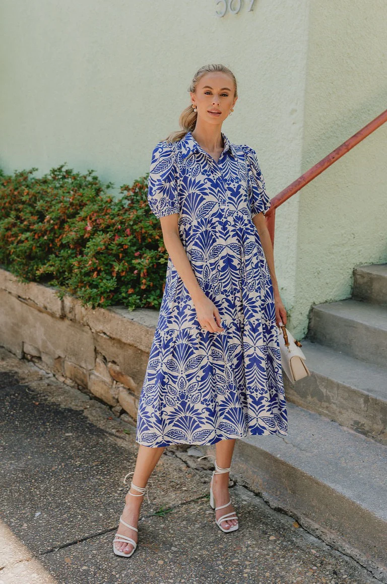 Kiara Blue and White Pattern Midi Dress - Image 2