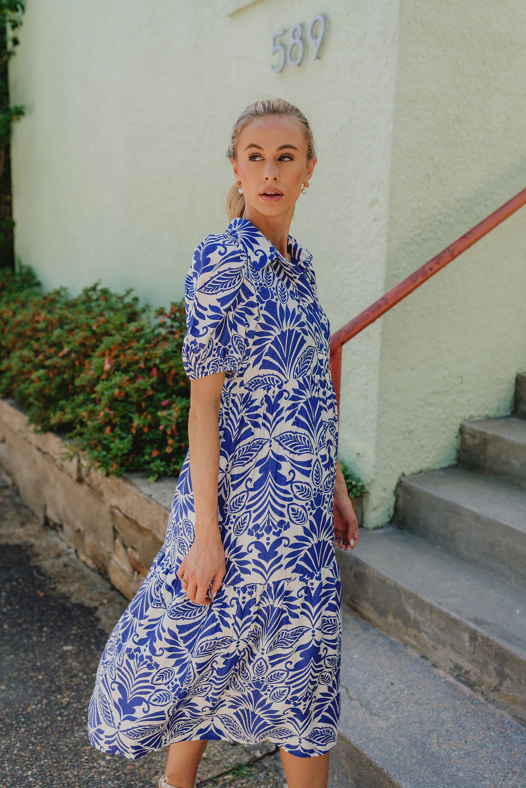 Kiara Blue and White Pattern Midi Dress - Image 3