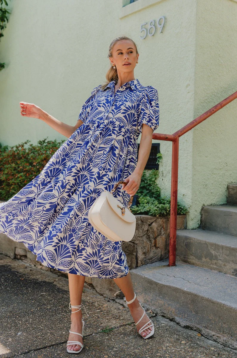 Kiara Blue and White Pattern Midi Dress - Image 5