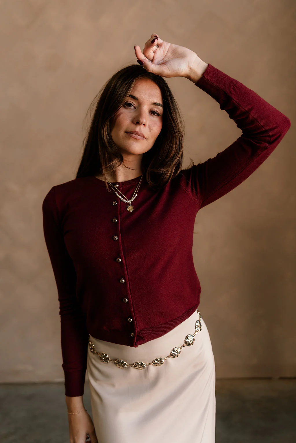 Kiara Burgundy & Gold Button-Up Cardigan - Image 3