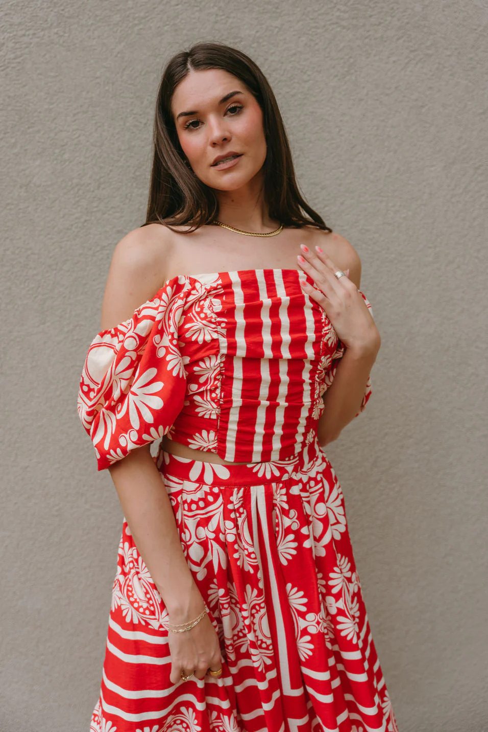 Kiara Red & Cream Floral Off-The-Shoulder Top