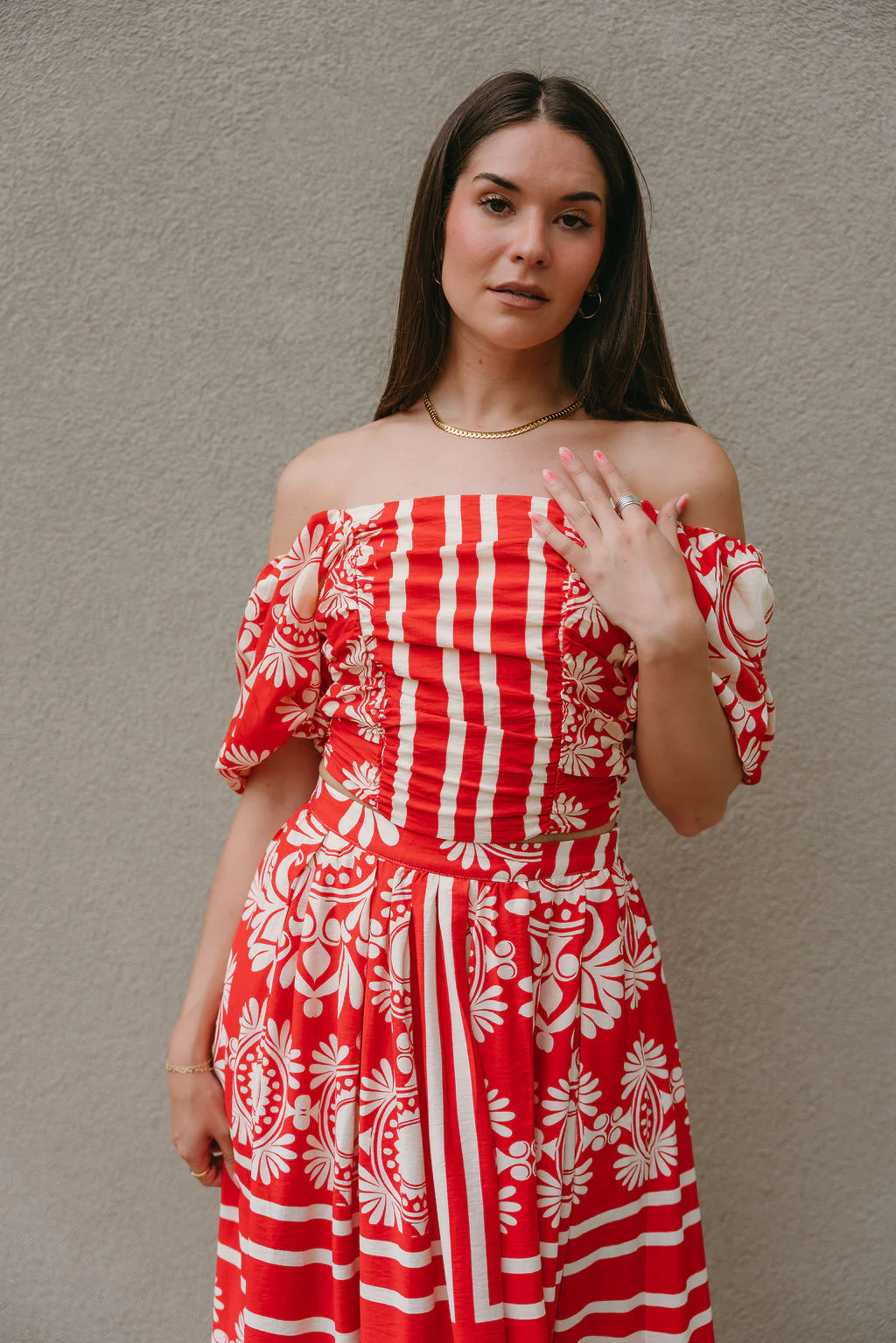 Kiara Red & Cream Floral Off-The-Shoulder Top - Image 2