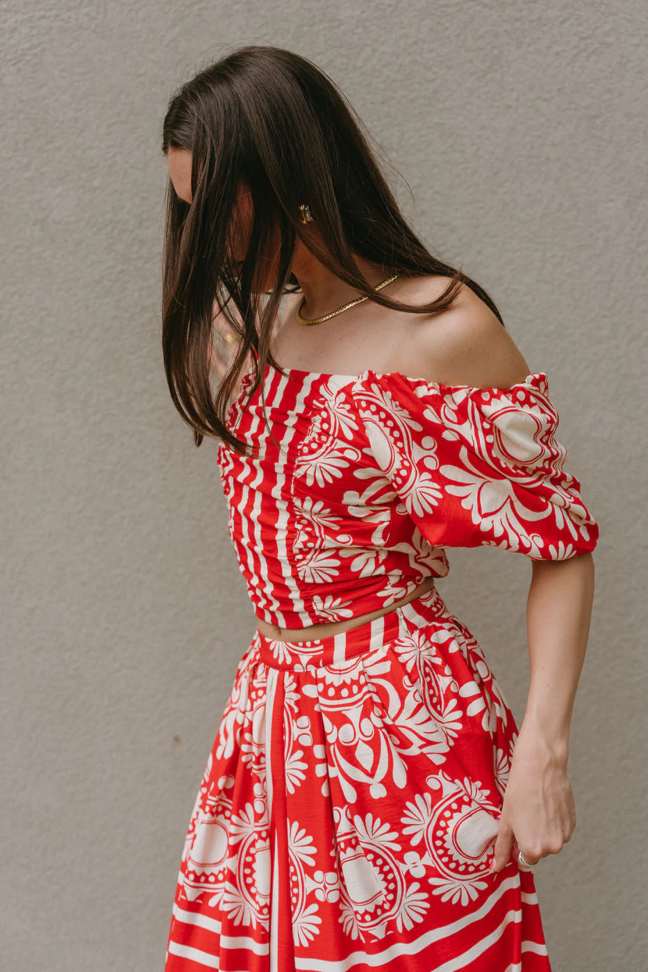 Kiara Red & Cream Floral Off-The-Shoulder Top - Image 3
