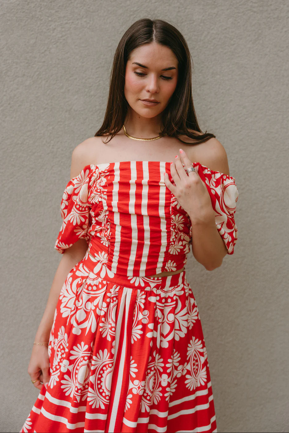 Kiara Red & Cream Floral Off-The-Shoulder Top - Image 6