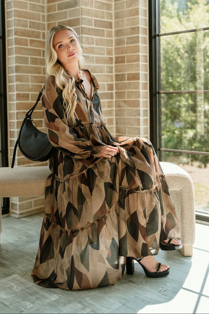 Kiley Black Multi Long Sleeve Midi Dress
