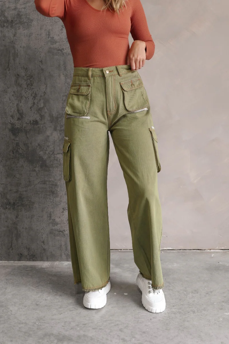 Kimberly Olive Wide Leg Cargo Pants - Image 2
