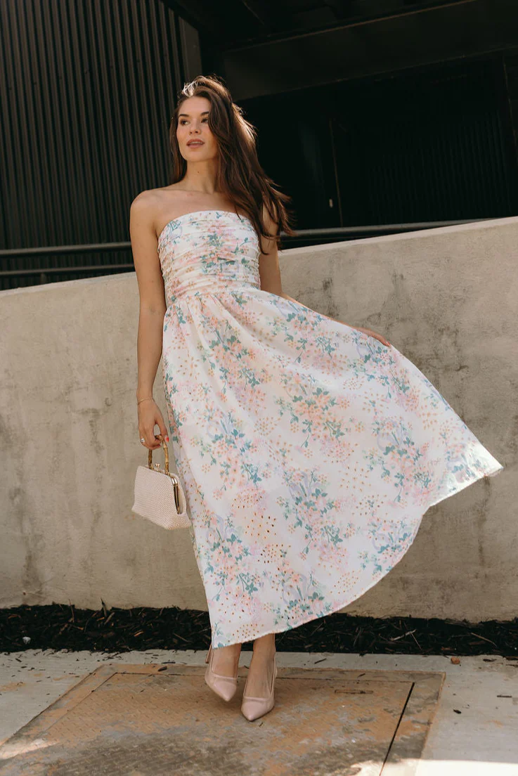 Kimmie Cream Floral Strapless Midi Dress