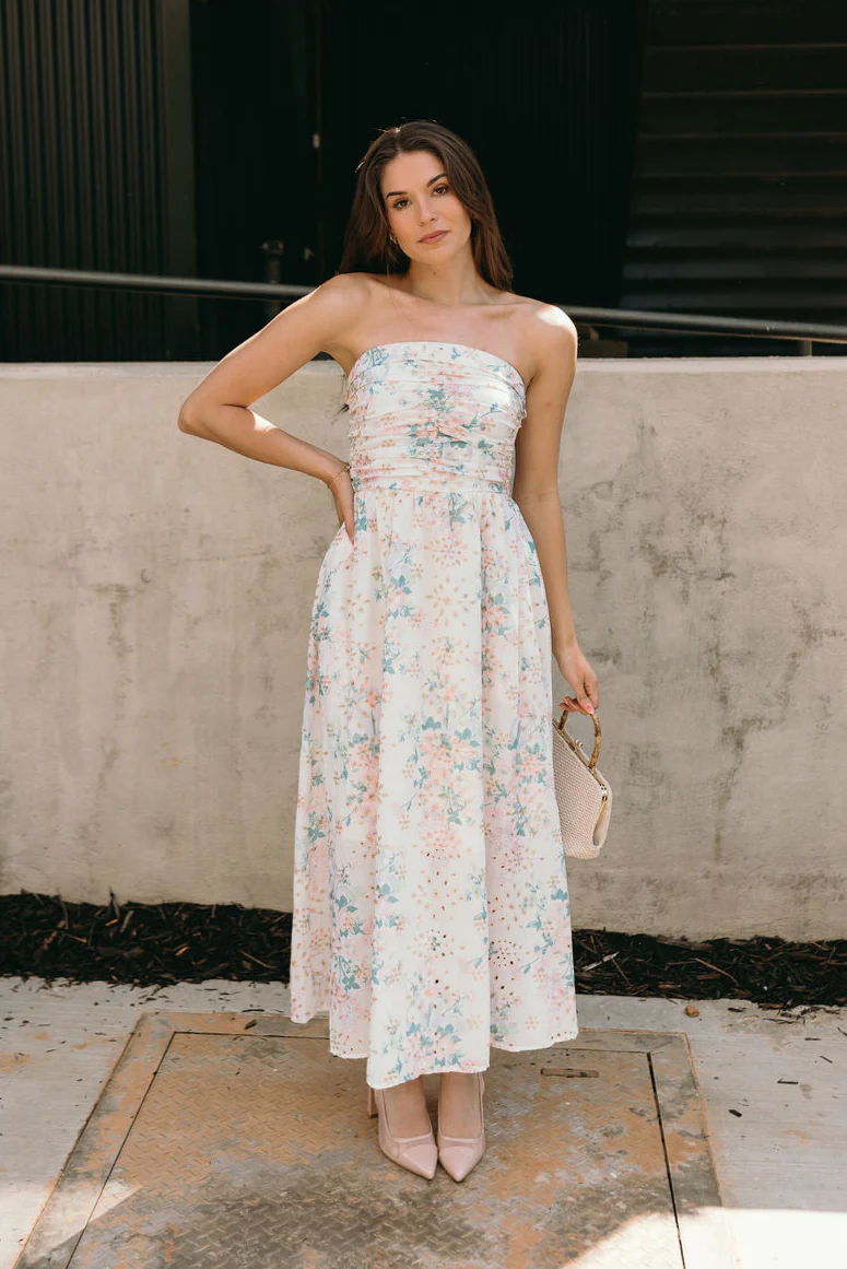 Kimmie Cream Floral Strapless Midi Dress - Image 2