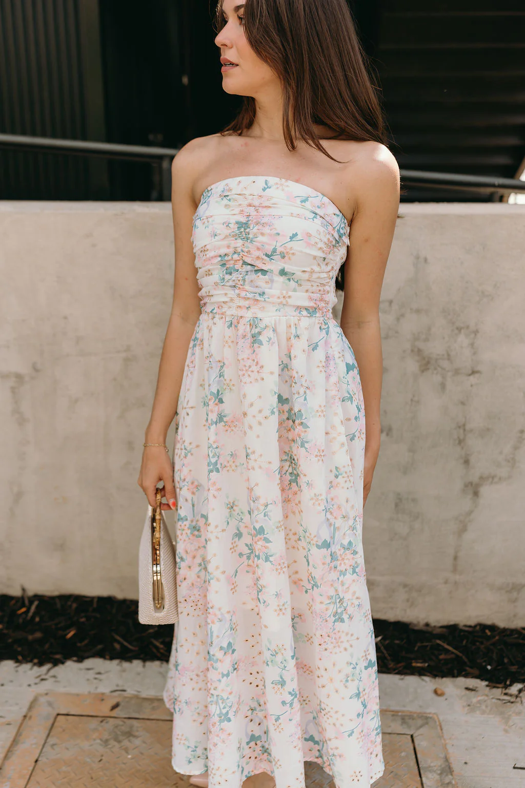 Kimmie Cream Floral Strapless Midi Dress - Image 3