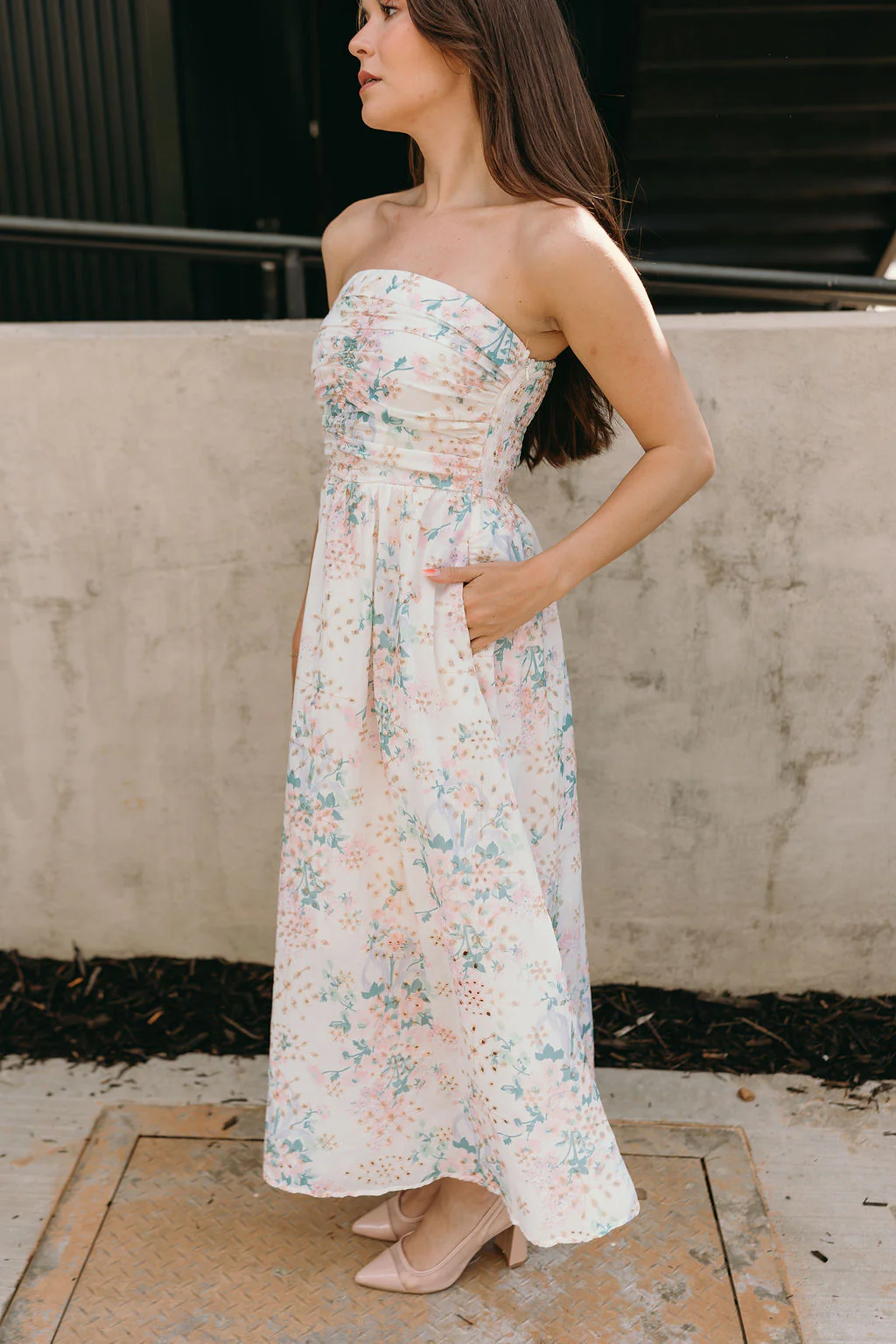 Kimmie Cream Floral Strapless Midi Dress - Image 5