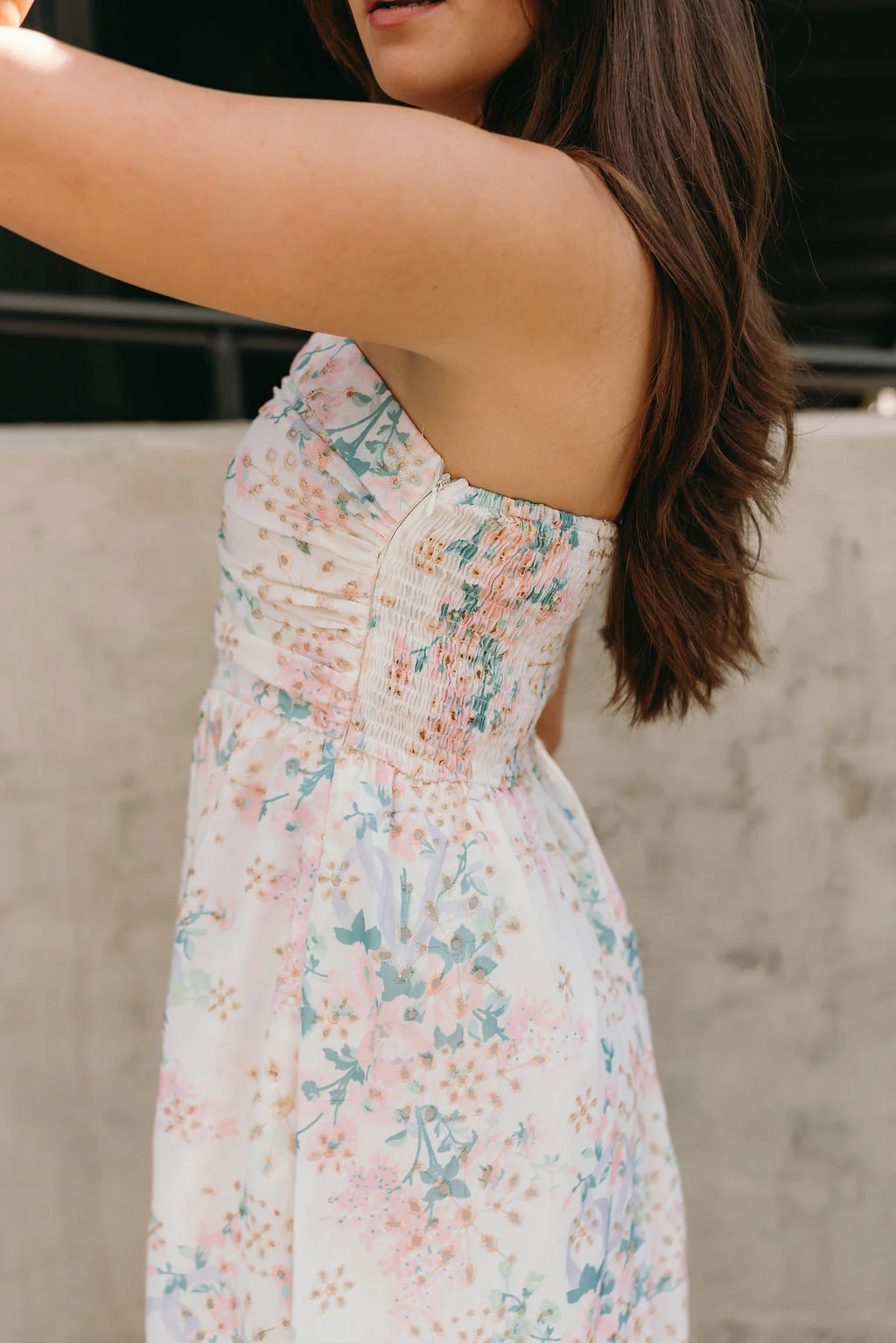 Kimmie Cream Floral Strapless Midi Dress - Image 6