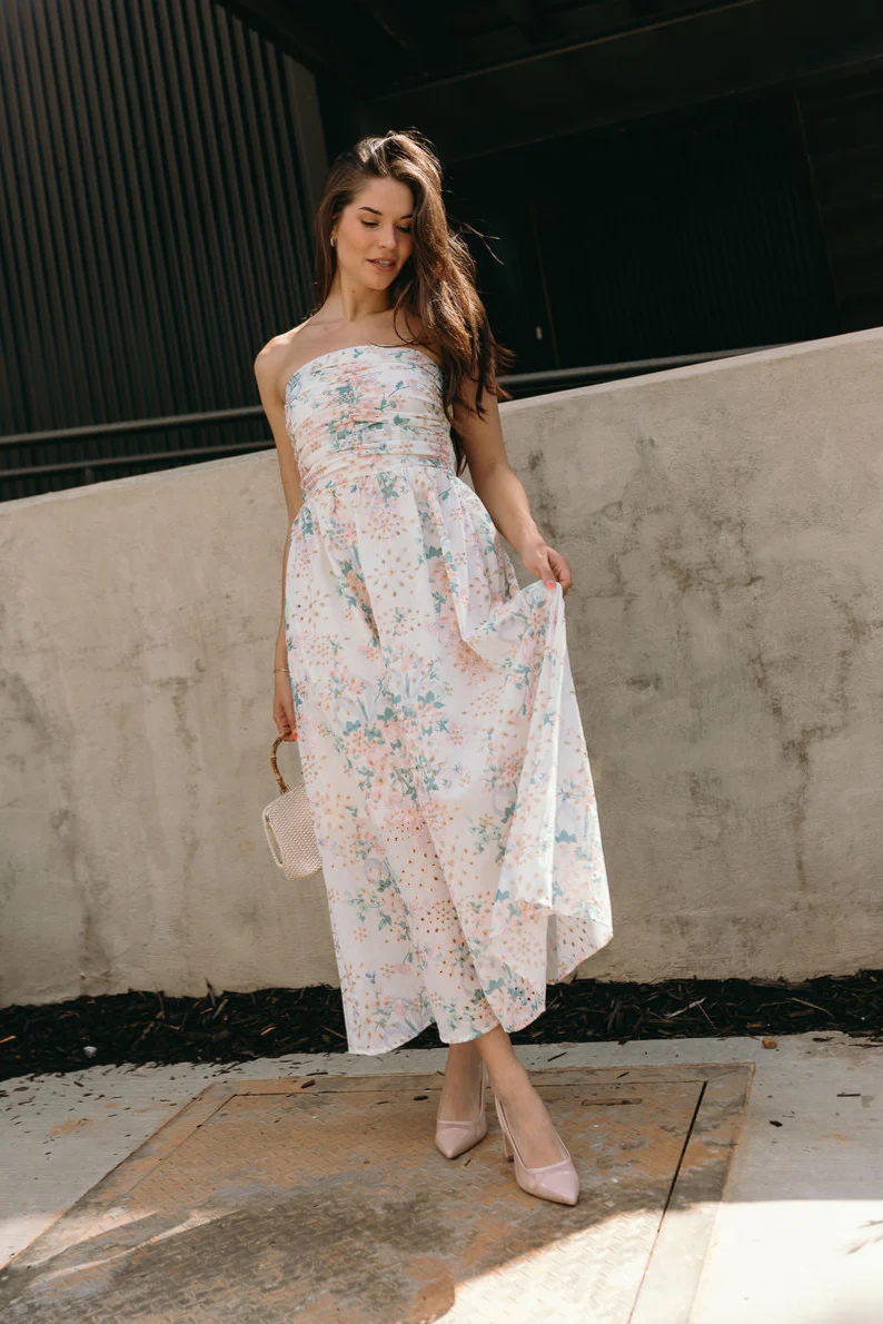 Kimmie Cream Floral Strapless Midi Dress - Image 8