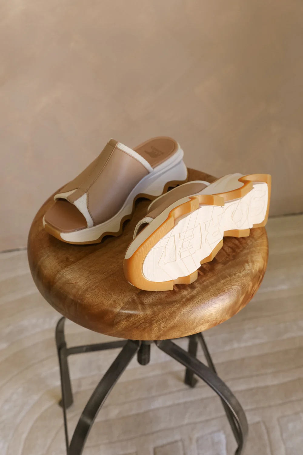 Kinetic Impact Slide High Wedge Sandal in Honest Beige & Honest White - Image 3