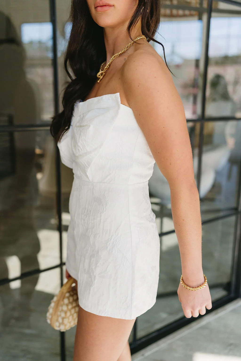 Kinley White Jacquard Bow Strapless Romper - Image 3