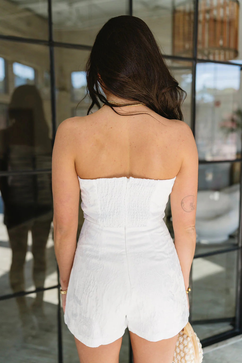Kinley White Jacquard Bow Strapless Romper - Image 6