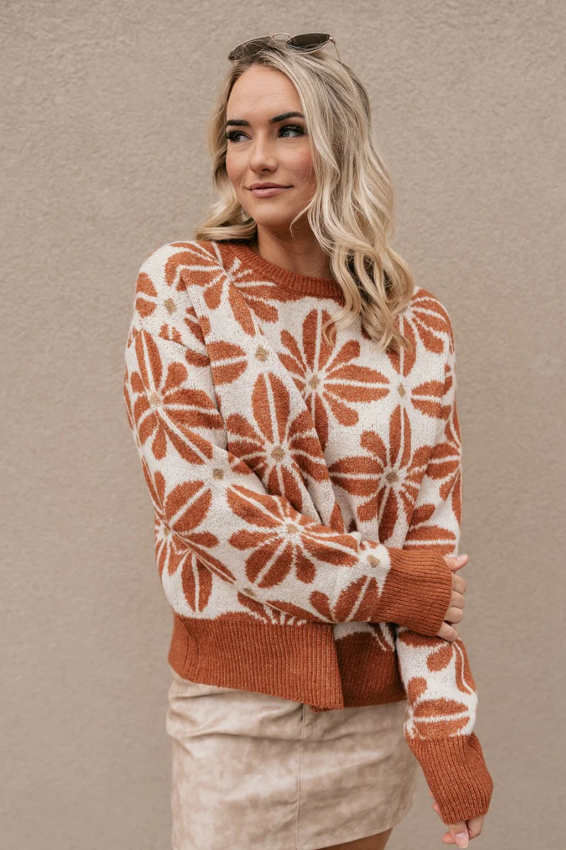 Kinsley Rust & Cream Floral Long Sleeve Sweater