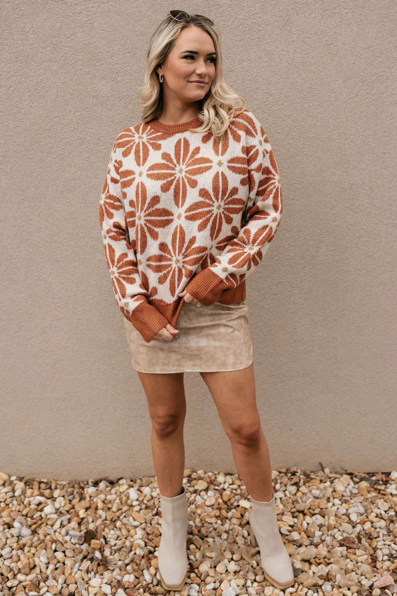 Kinsley Rust & Cream Floral Long Sleeve Sweater - Image 3