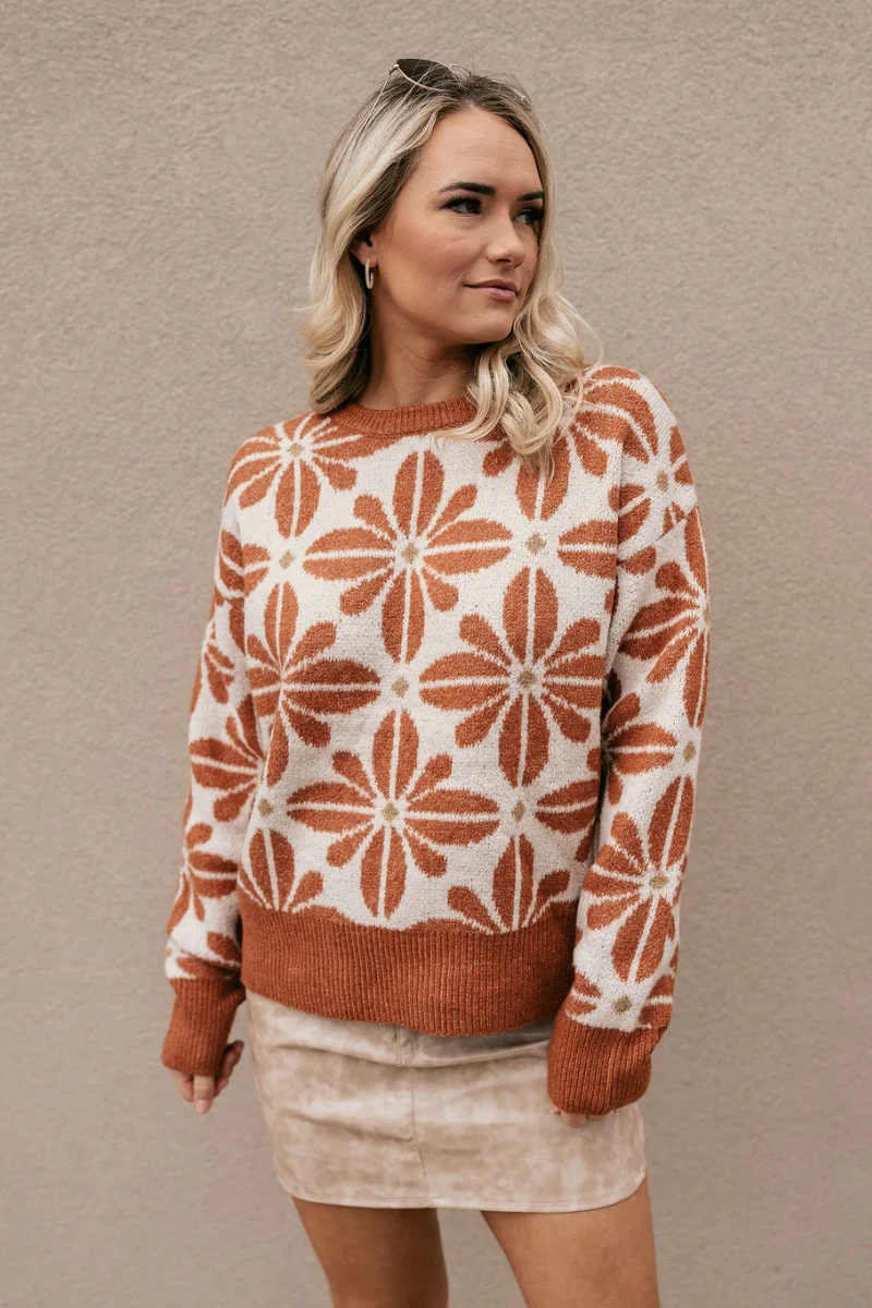 Kinsley Rust & Cream Floral Long Sleeve Sweater - Image 4