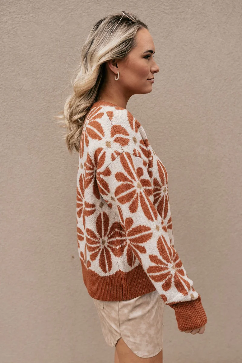 Kinsley Rust & Cream Floral Long Sleeve Sweater - Image 5
