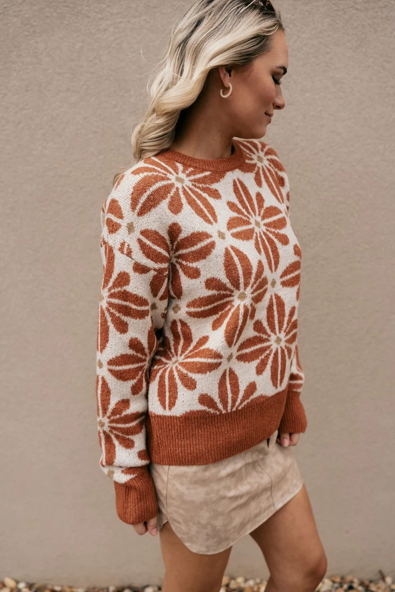 Kinsley Rust & Cream Floral Long Sleeve Sweater - Image 6