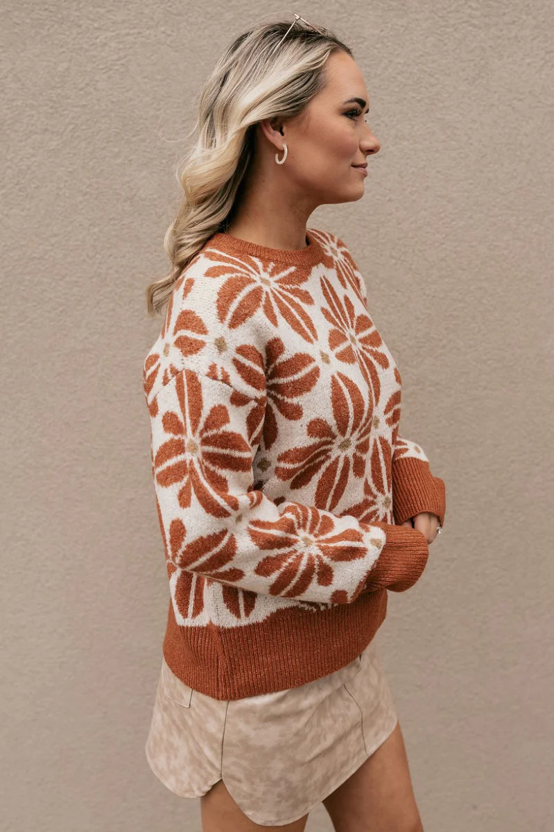 Kinsley Rust & Cream Floral Long Sleeve Sweater - Image 7