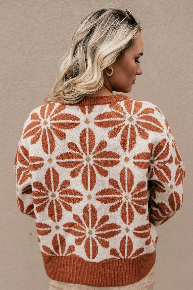 Kinsley Rust & Cream Floral Long Sleeve Sweater - Image 8