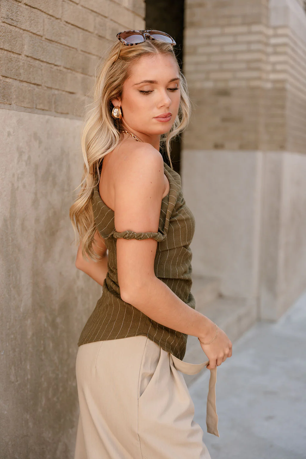 Kira Olive Stripe One Shoulder Asymmetrical Tank - Image 3