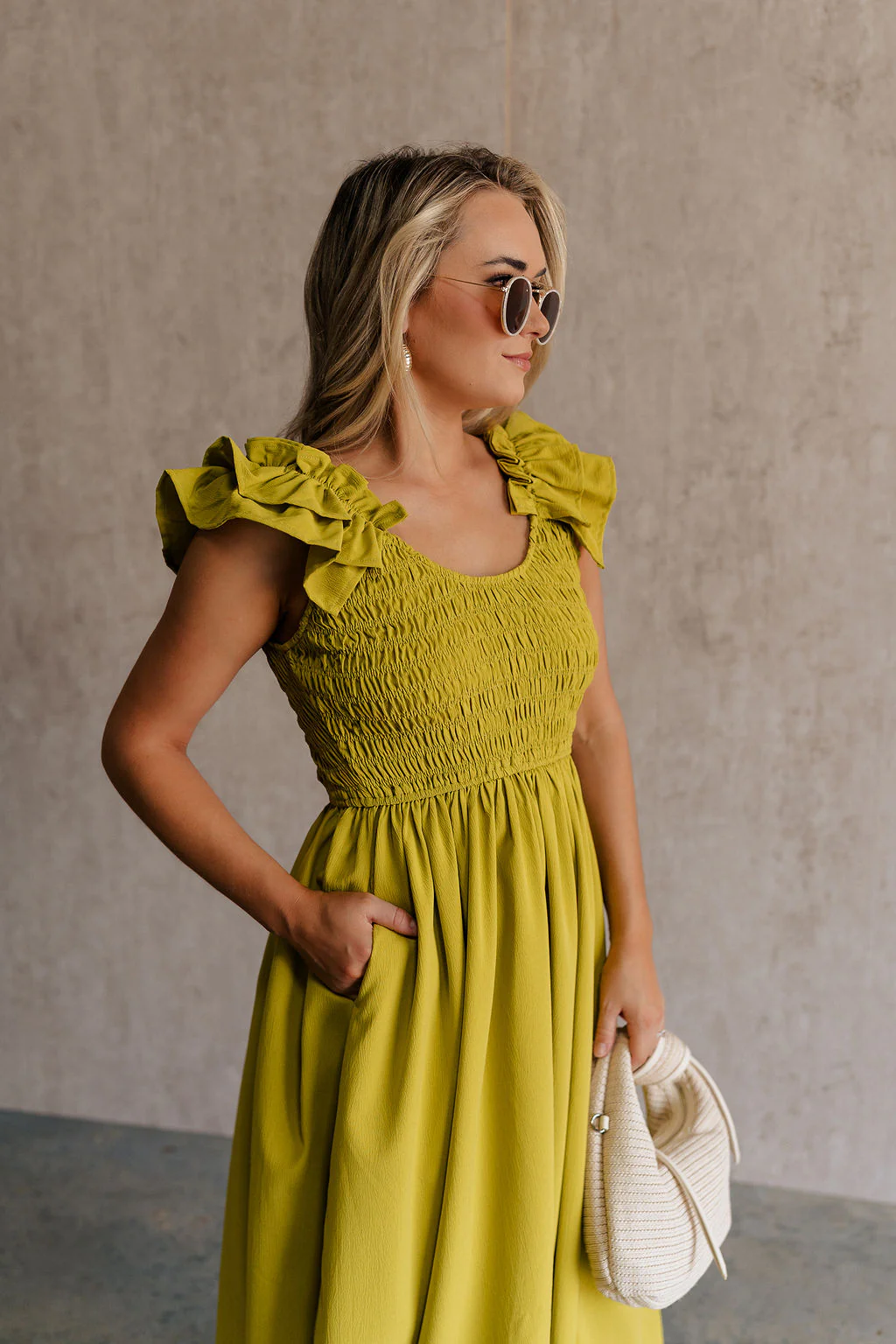 Kristina Chartreuse Smocked Sleeveless Midi Dress - Image 2
