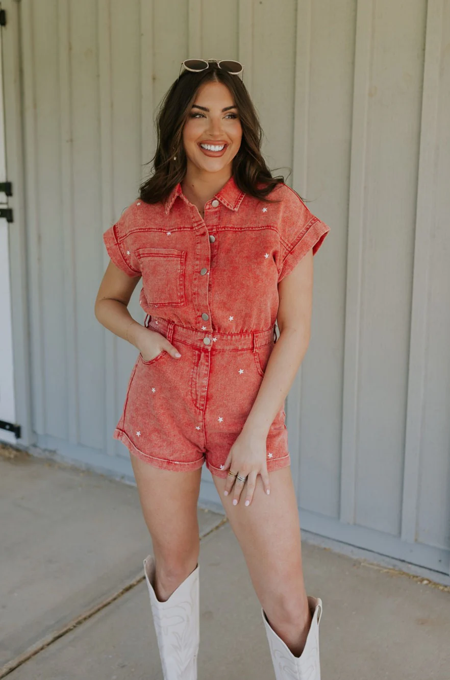 Krystal Washed Red Denim Star Romper