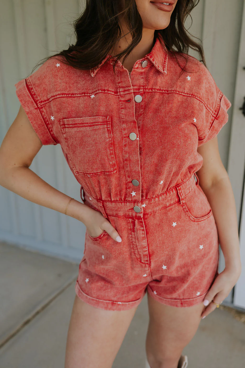 Krystal Washed Red Denim Star Romper - Image 2