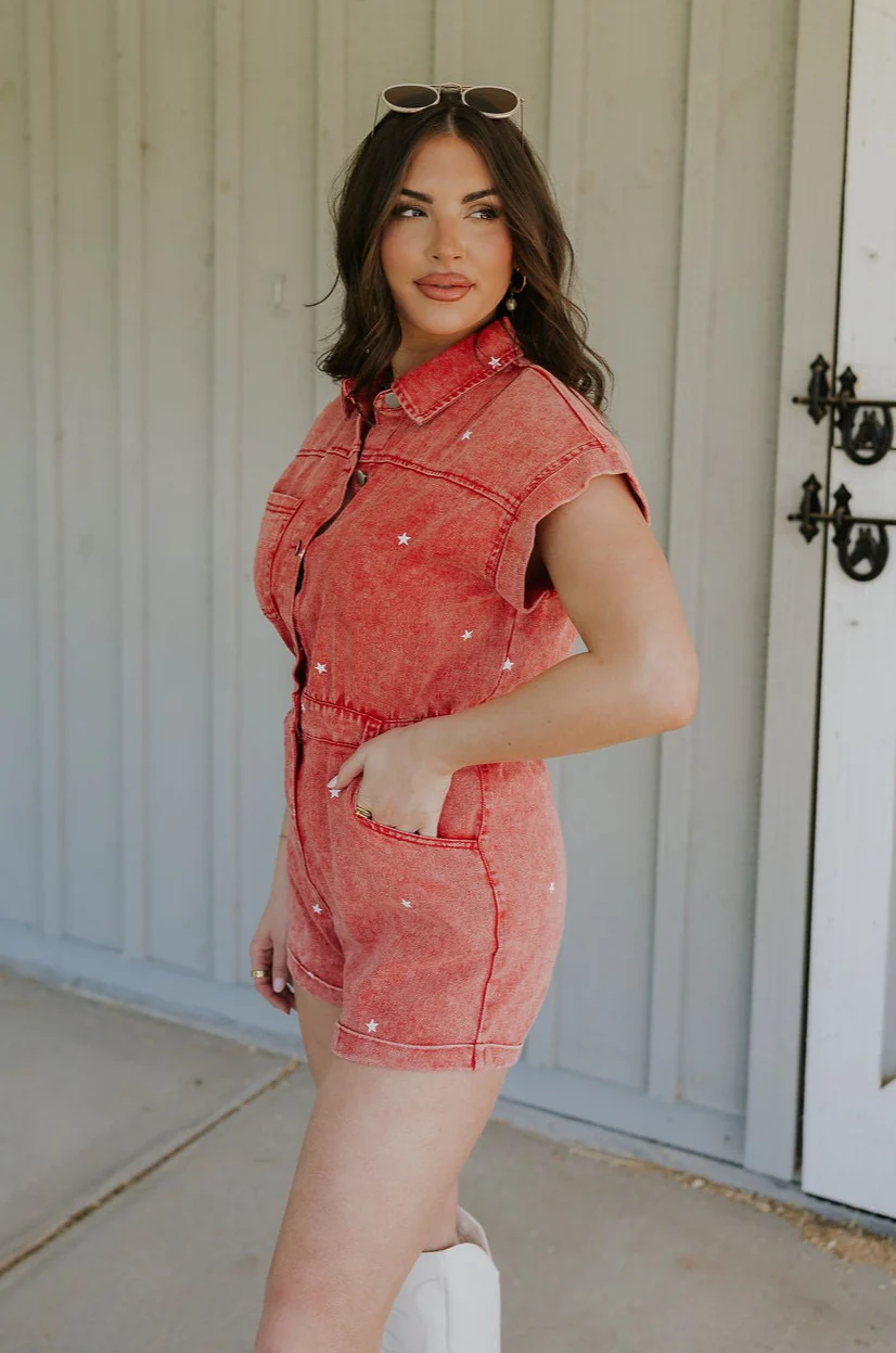 Krystal Washed Red Denim Star Romper - Image 3