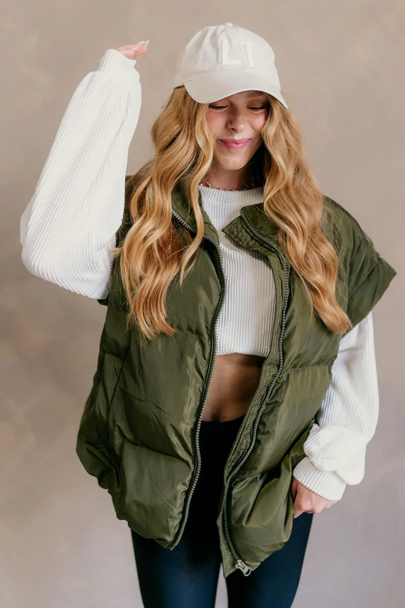 Big Sky Olive Green Oversized Puffer Vest