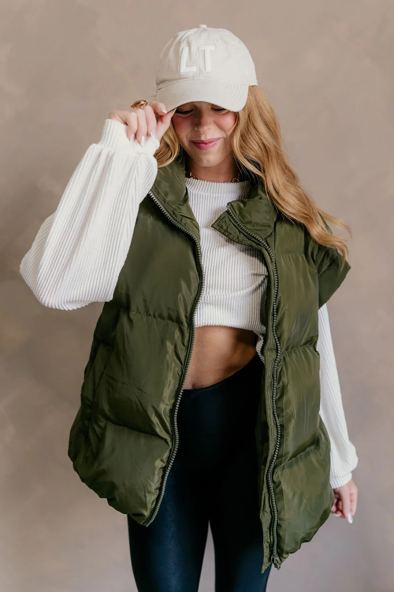 Big Sky Olive Green Oversized Puffer Vest - Image 2