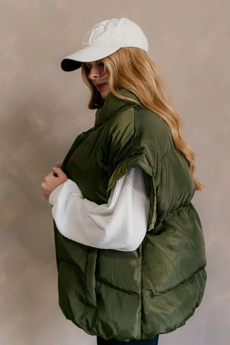 Big Sky Olive Green Oversized Puffer Vest - Image 3