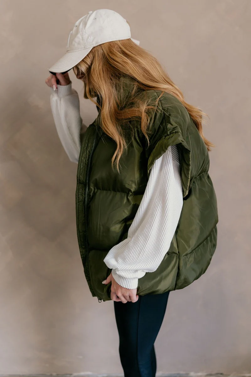 Big Sky Olive Green Oversized Puffer Vest - Image 4