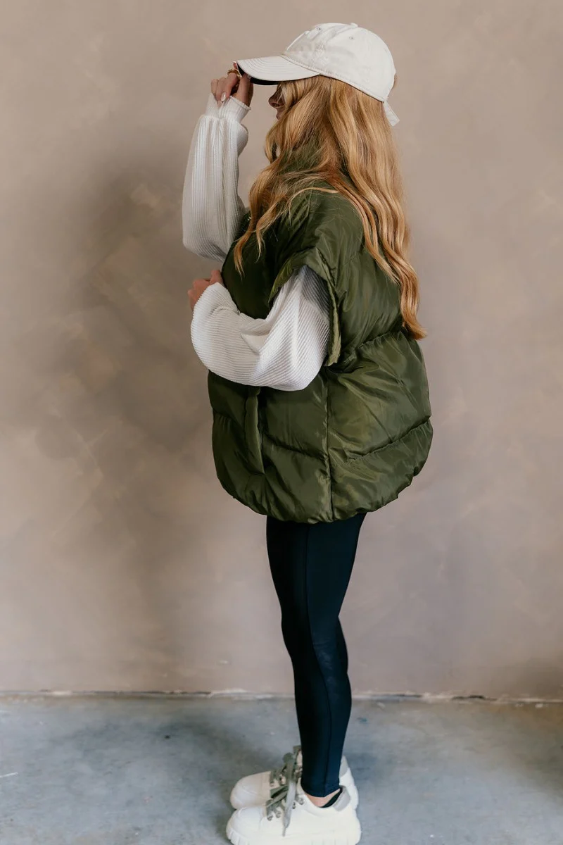 Big Sky Olive Green Oversized Puffer Vest - Image 5