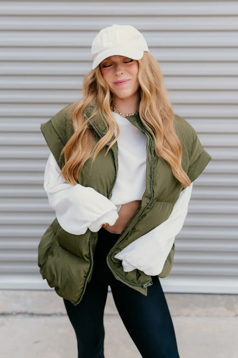 Big Sky Olive Green Oversized Puffer Vest - Image 9